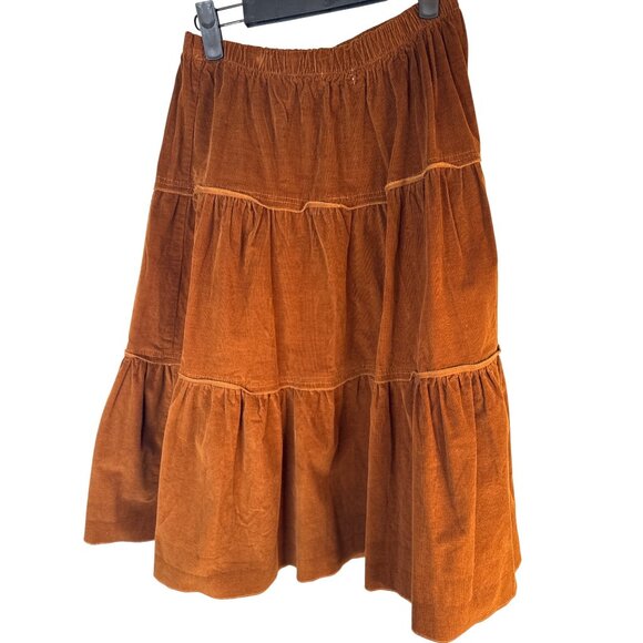 2/$30 Pastel Tiered M Rust Carmel Brown Thin Corduroy Midi Skirt Elastic Waist - Picture 8 of 10